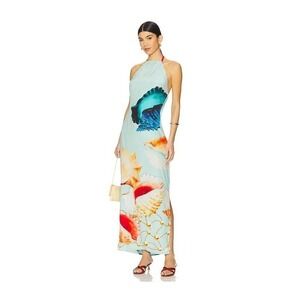 Muma World Murex Mist Vega Dress Baby Blue Halter Maxi Seashell Print Sz S